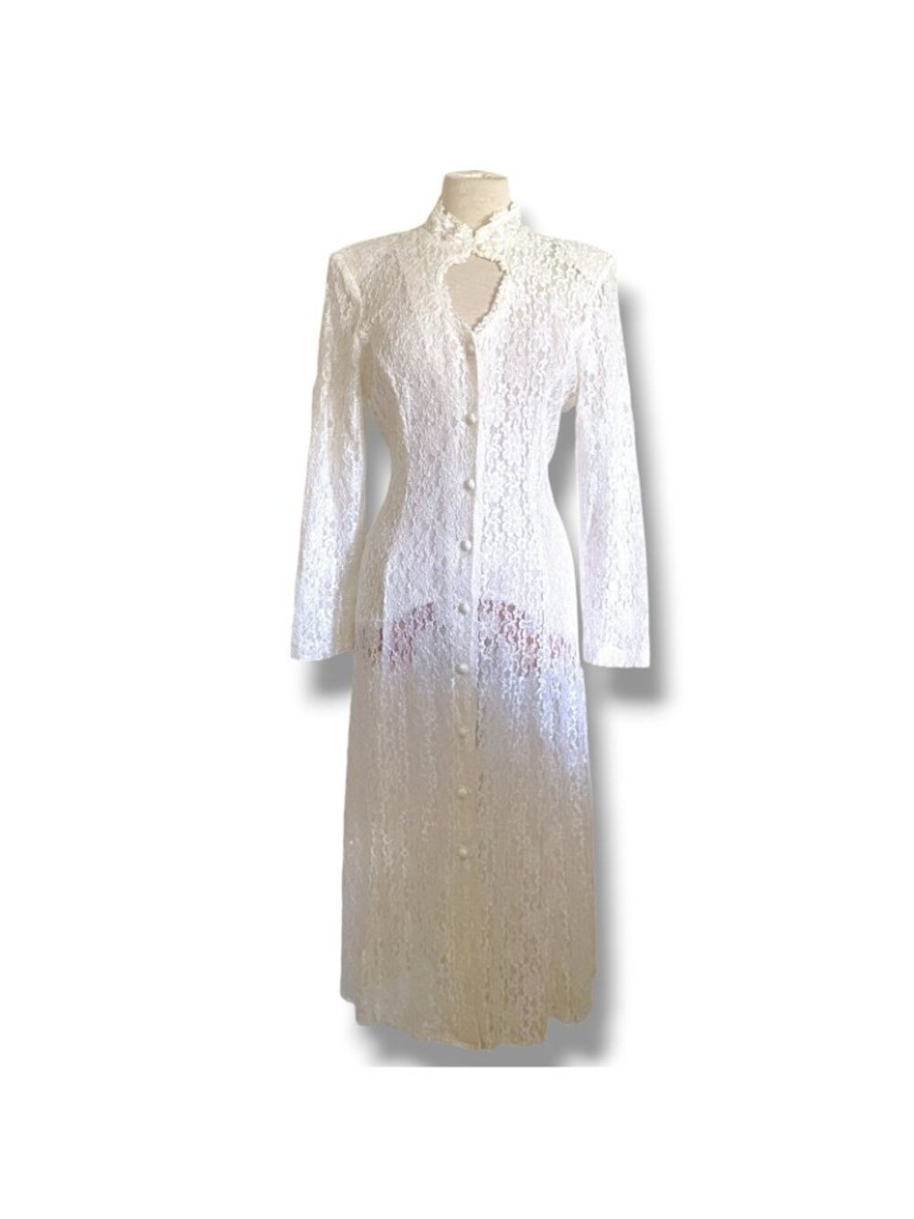 Vintage 90s Dawn Joy Midi Dress Sz Medium White Lace Sheer Prairie Whimsigoth - Picture 2 of 13